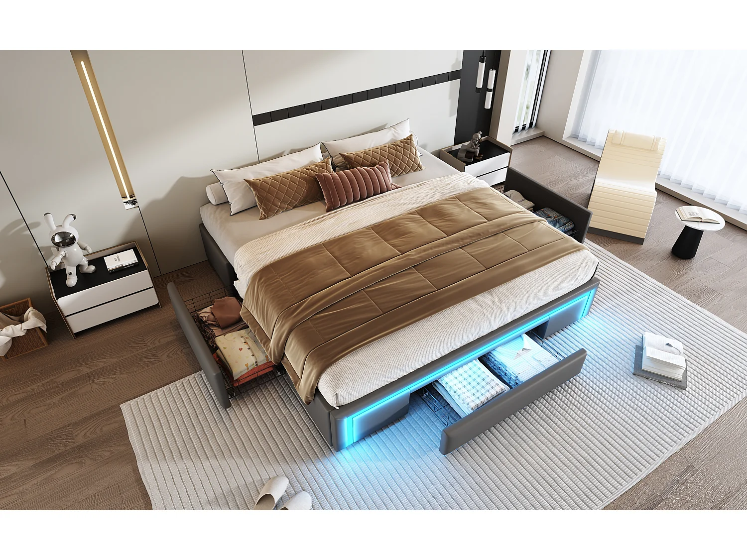 Cadre de lit double - 180 x 200 cm - avec 3 tiroirs + Leds - sans tête de lit - Cuir PU + métal + MDF - gris