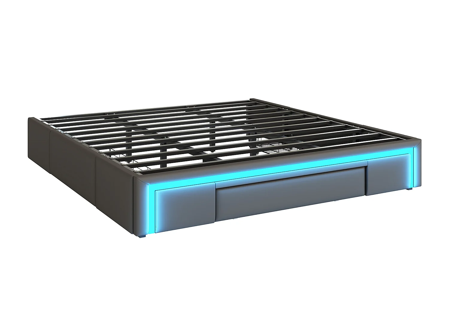 Cadre de lit double - 180 x 200 cm - avec 3 tiroirs + Leds - sans tête de lit - Cuir PU + métal + MDF - gris