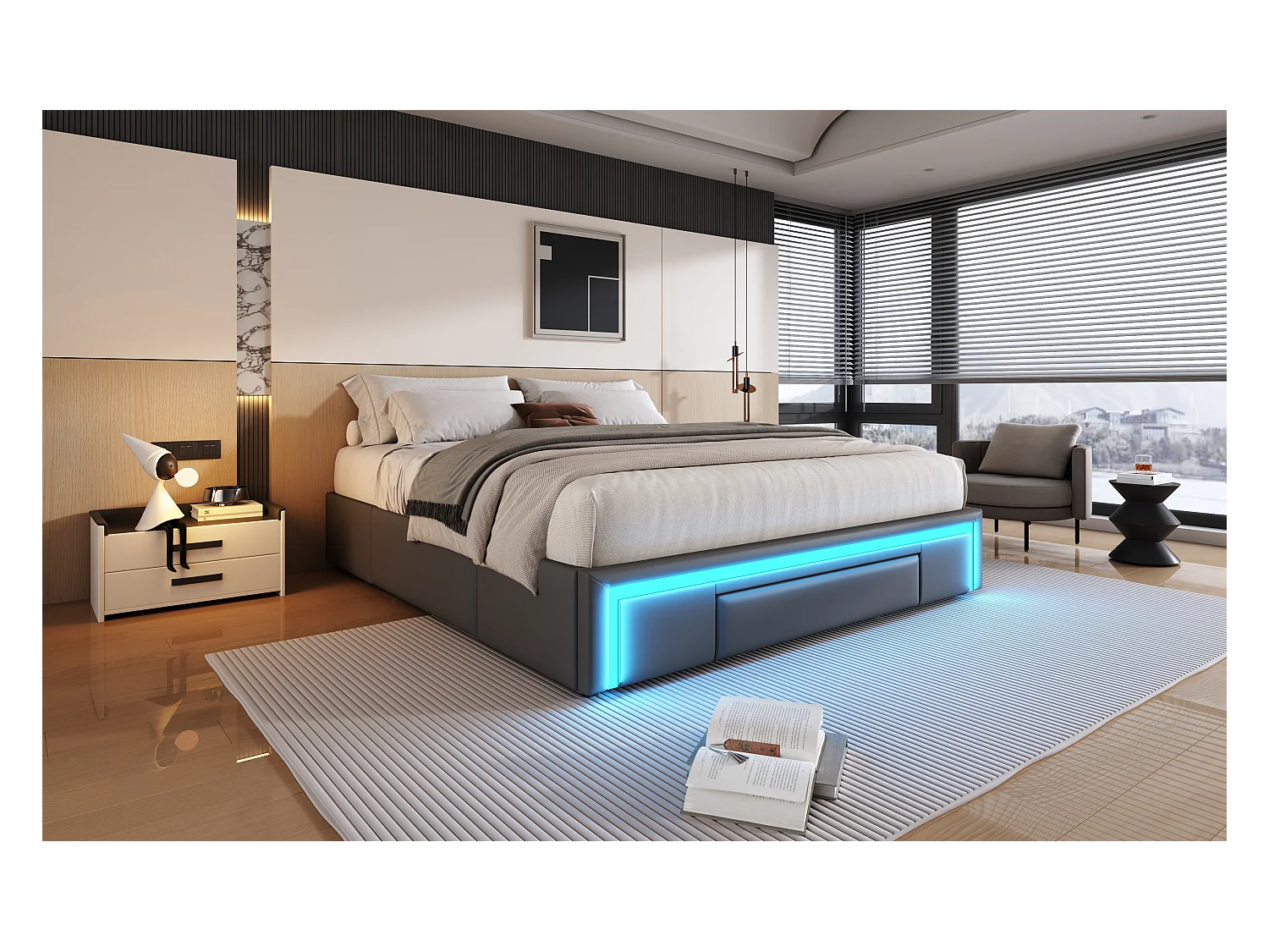 Doppelbettgestell – 160 x 200 cm – mit 3 Schubladen + LEDs – ohne Kopfteil – PU-Leder + Metall + MDF – Grau