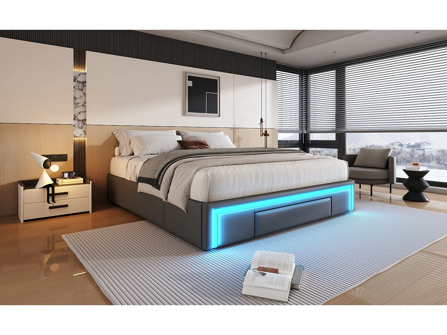 Struttura per letto matrimoniale - 160 x 200 cm - con 3 cassetti + LED - senza testiera - Similpelle + metallo + MDF - Grigio