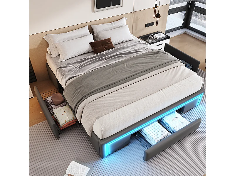 Cadre de lit double - 160 x 200 cm - avec 3 tiroirs + Leds - sans tête de lit - Cuir PU + métal + MDF - gris