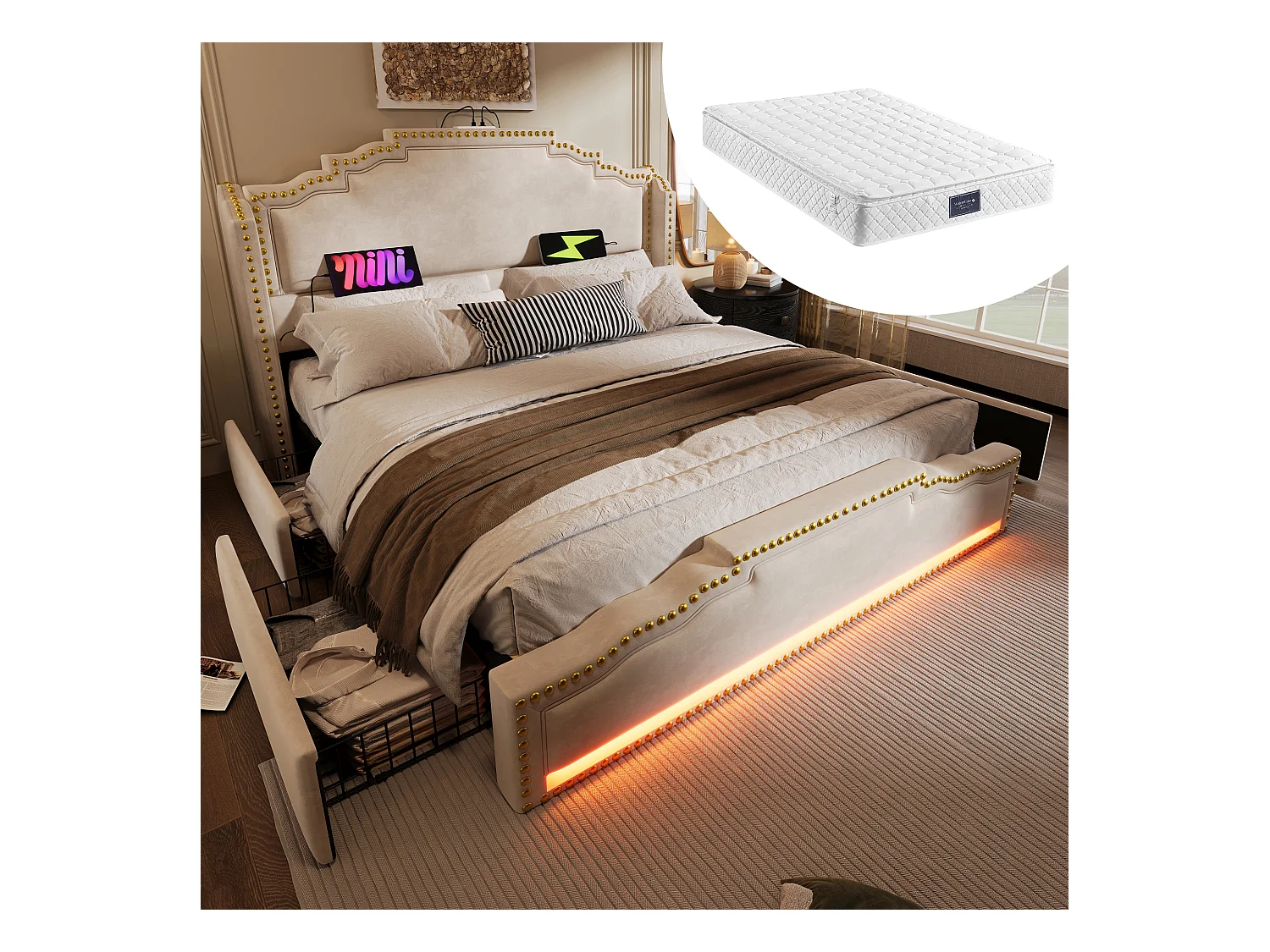 Łóżko tapicerowane podwójne ze schowkiem - 160 x 200 cm - z 4 szufladami + LED + USB - z materacem - aksamit - beż