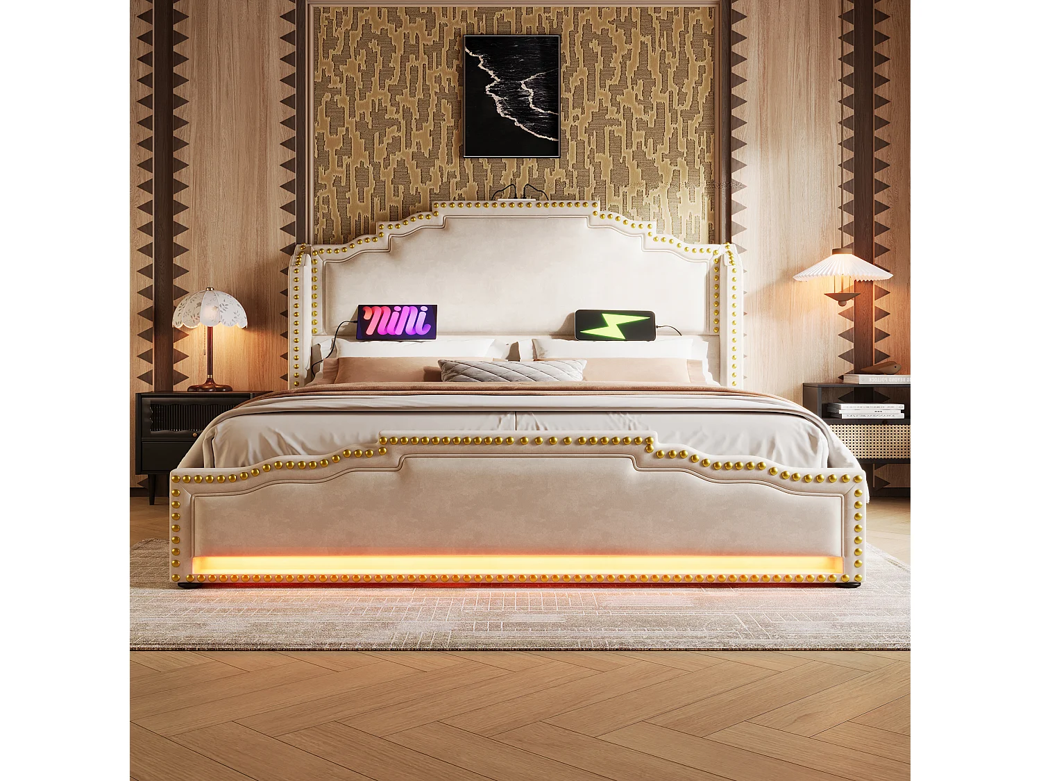 Cama de casal estofada com arrumação - 160 x 200 cm - com 4 gavetas + LEDs + USB - com colchão - veludo - bege