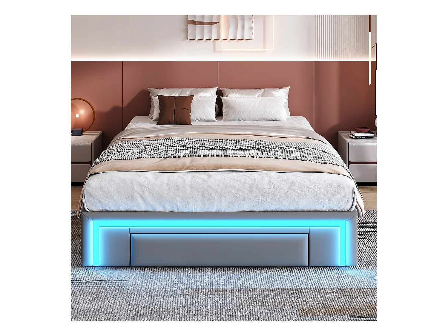 Doppelbettgestell – 140 x 200 cm – mit 3 Schubladen + LEDs – ohne Kopfteil – PU-Leder + Metall + MDF – Grau