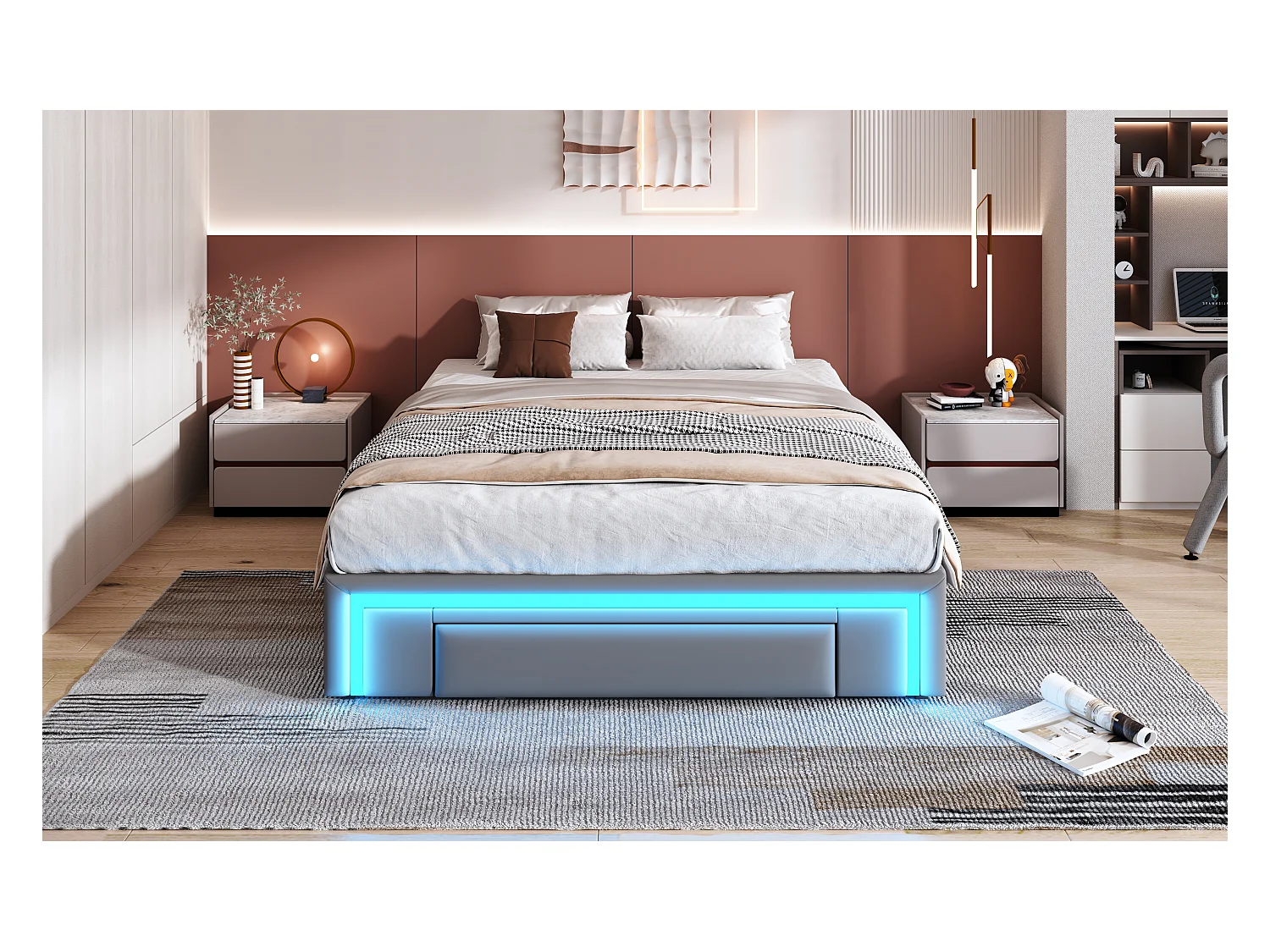 Doppelbettgestell – 140 x 200 cm – mit 3 Schubladen + LEDs – ohne Kopfteil – PU-Leder + Metall + MDF – Grau