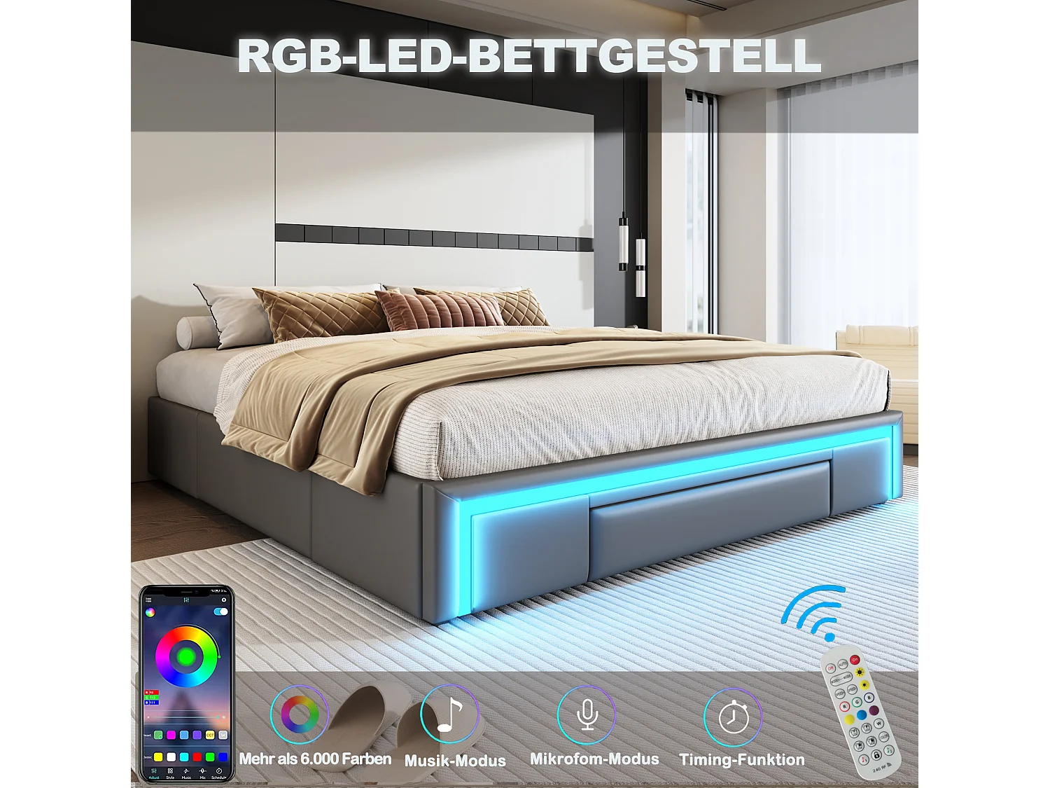 Struttura per letto matrimoniale - 140 x 200 cm - con 3 cassetti + LED - senza testiera - Similpelle + metallo + MDF - Grigio