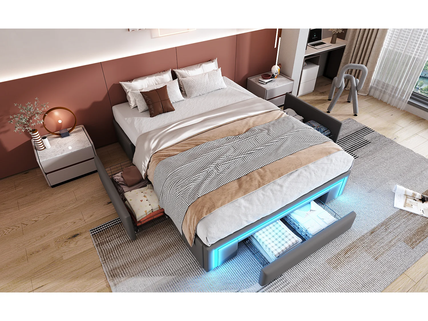 Struttura per letto matrimoniale - 140 x 200 cm - con 3 cassetti + LED - senza testiera - Similpelle + metallo + MDF - Grigio