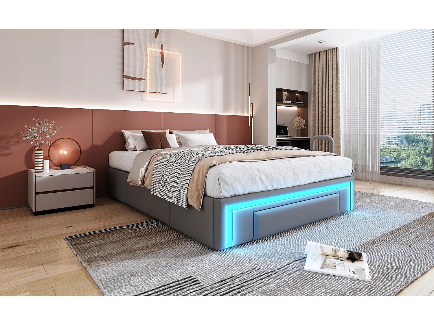 Struttura per letto matrimoniale - 140 x 200 cm - con 3 cassetti + LED - senza testiera - Similpelle + metallo + MDF - Grigio