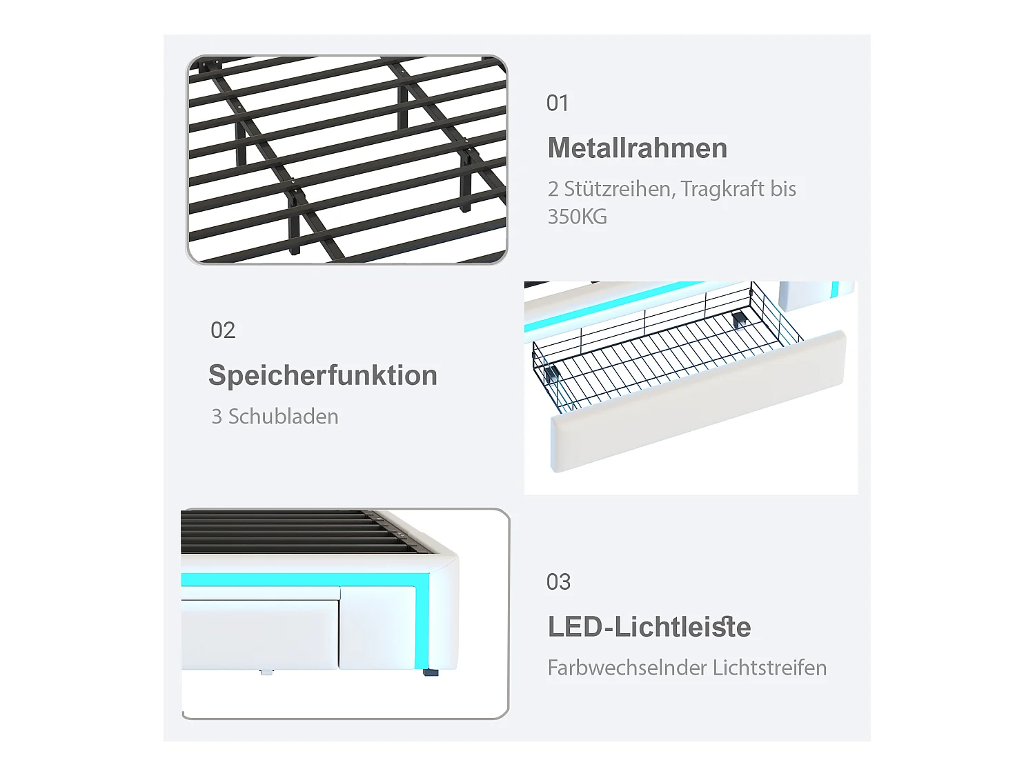 Rama łóżka podwójnego - 180 x 200 cm - z 3 szufladami + diodami LED - bez zagłówka - skóra ekologiczna + metal + MDF - beżowy