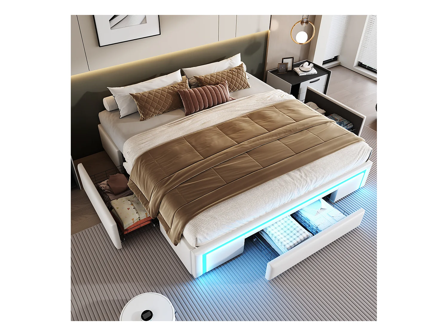 Doppelbettgestell – 180 x 200 cm – mit 3 Schubladen + LEDs – ohne Kopfteil – Kunstleder, Metall, MDF – Beige