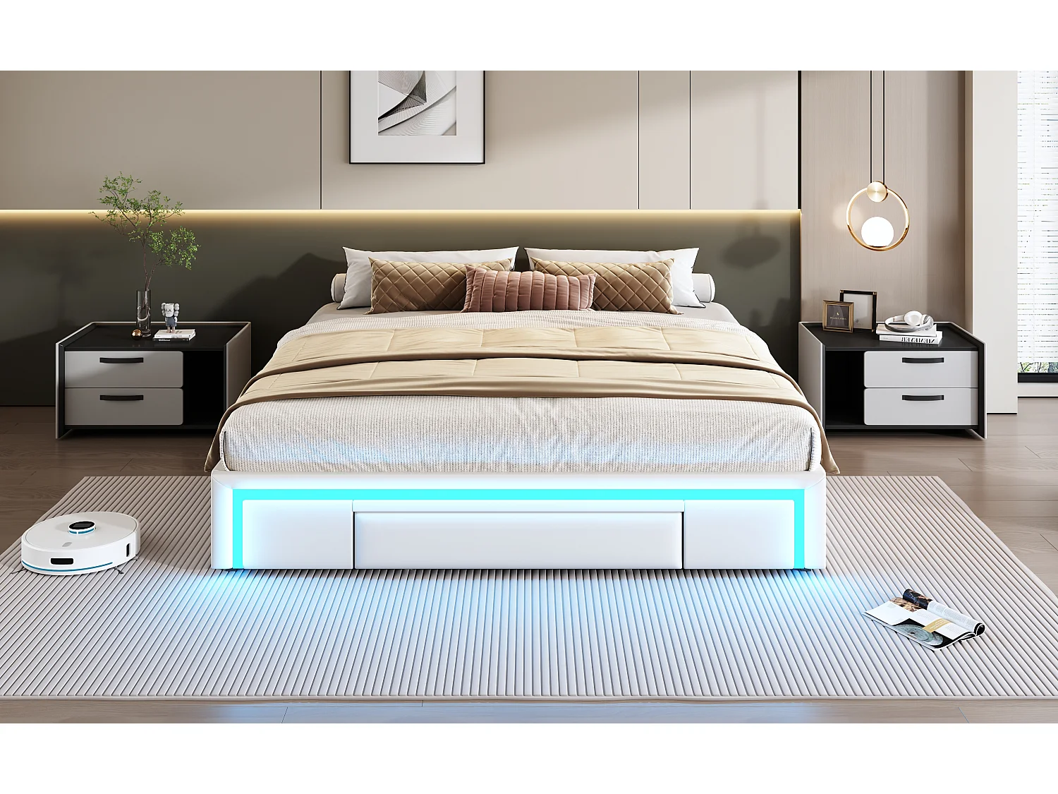 Struttura per letto matrimoniale - 180 x 200 cm - con 3 cassetti + LED - Senza testiera - Similpelle + Metallo + MDF - Beige