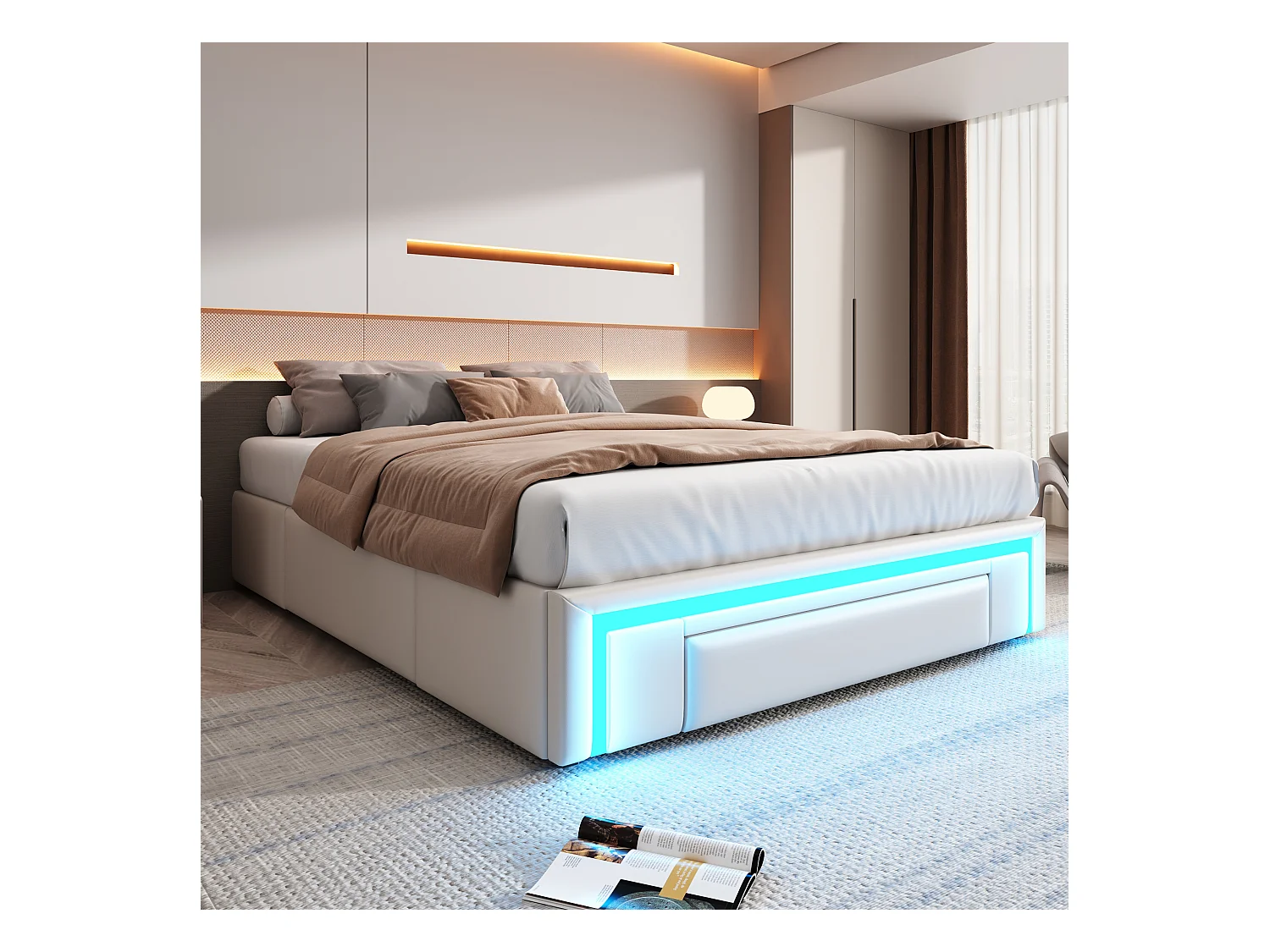 Doppelbettgestell – 140 x 200 cm – mit 3 Schubladen + LEDs – ohne Kopfteil – PU-Leder + Metall + MDF – Beige