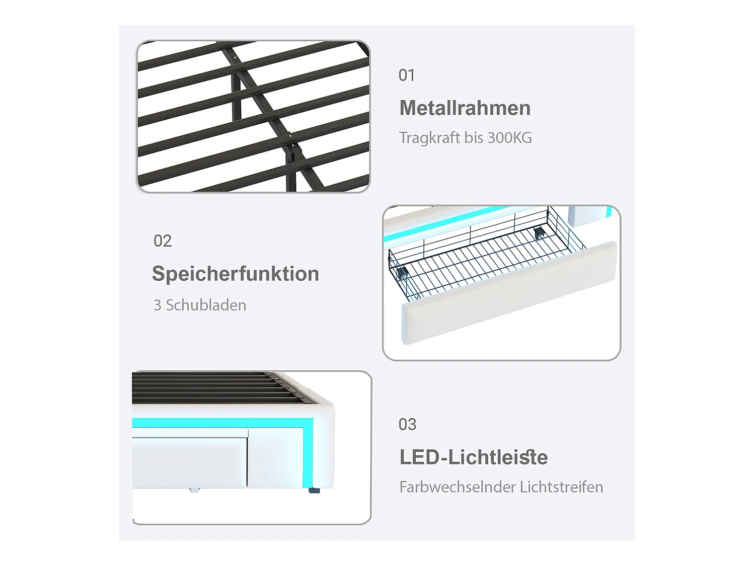 Doppelbettgestell – 140 x 200 cm – mit 3 Schubladen + LEDs – ohne Kopfteil – PU-Leder + Metall + MDF – Beige