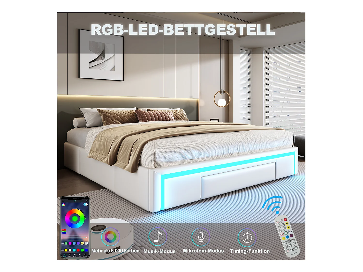 Doppelbettgestell – 140 x 200 cm – mit 3 Schubladen + LEDs – ohne Kopfteil – PU-Leder + Metall + MDF – Beige