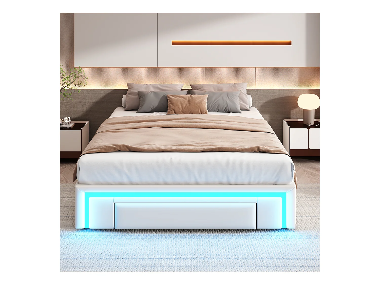 Struttura per letto matrimoniale - 140 x 200 cm - con 3 cassetti + LED - senza testiera - Similpelle + metallo + MDF - beige