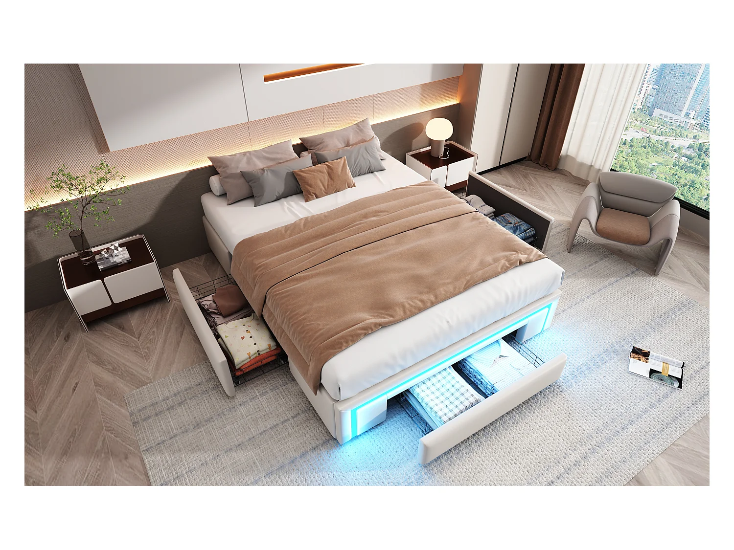 Struttura per letto matrimoniale - 140 x 200 cm - con 3 cassetti + LED - senza testiera - Similpelle + metallo + MDF - beige