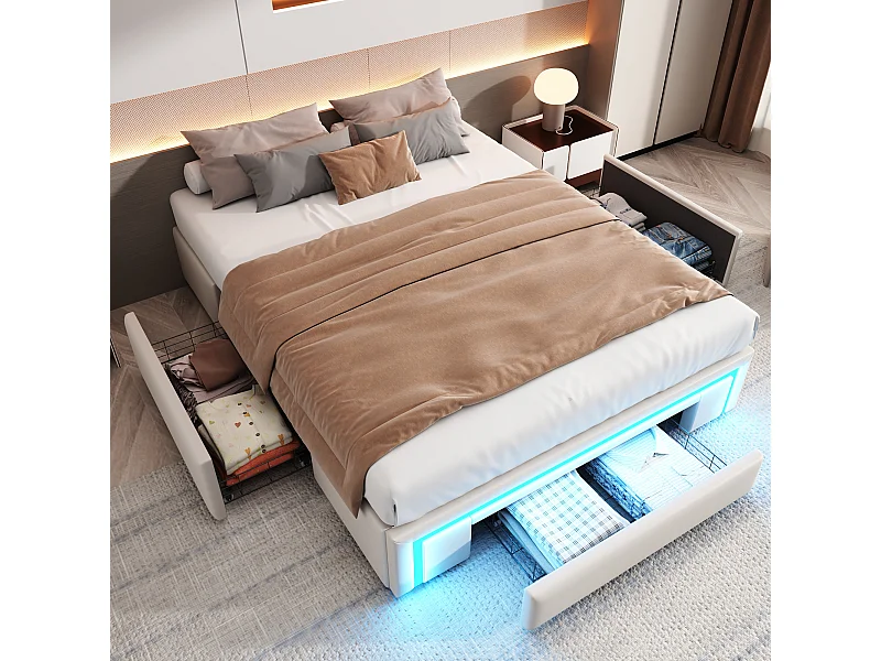 Tweepersoonsbedframe - 140 x 200 cm - met 3 lades + LED's - zonder hoofdbord - PU-leer + metaal + MDF - beige