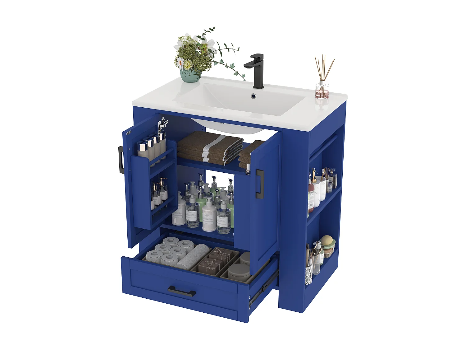 Armário de banheiro - 76 x 46 x 78,5 cm - com 2 portas + 1 gaveta + pia de cerâmica integrada - Cerâmica + MDF - Azul