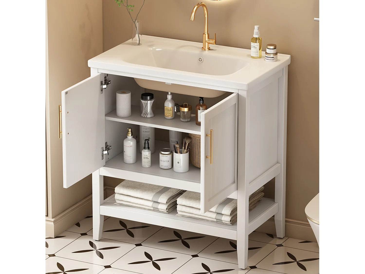 Meuble de salle de bain - 80 x 47 x 90 cm - avec 1 porte + étagères + vasque en céramique intégrée - Céramique + MDF - blanc