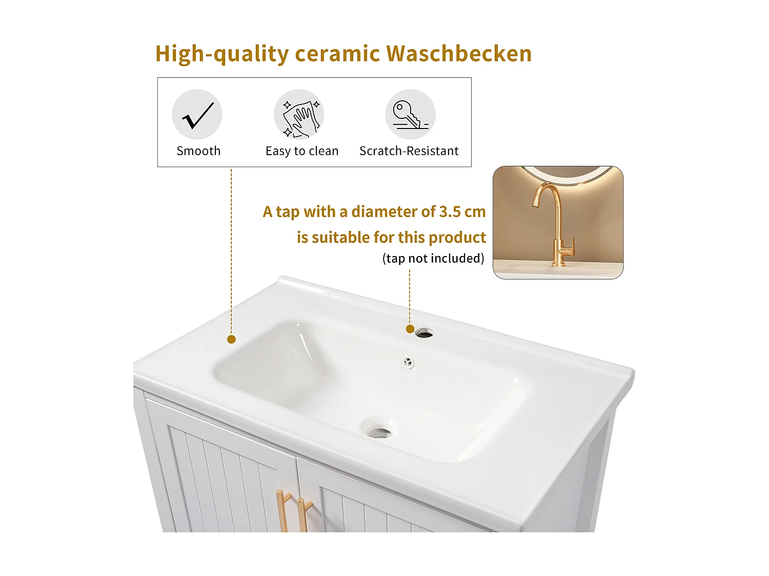 Meuble de salle de bain - 80 x 47 x 90 cm - avec 1 porte + étagères + vasque en céramique intégrée - Céramique + MDF - blanc