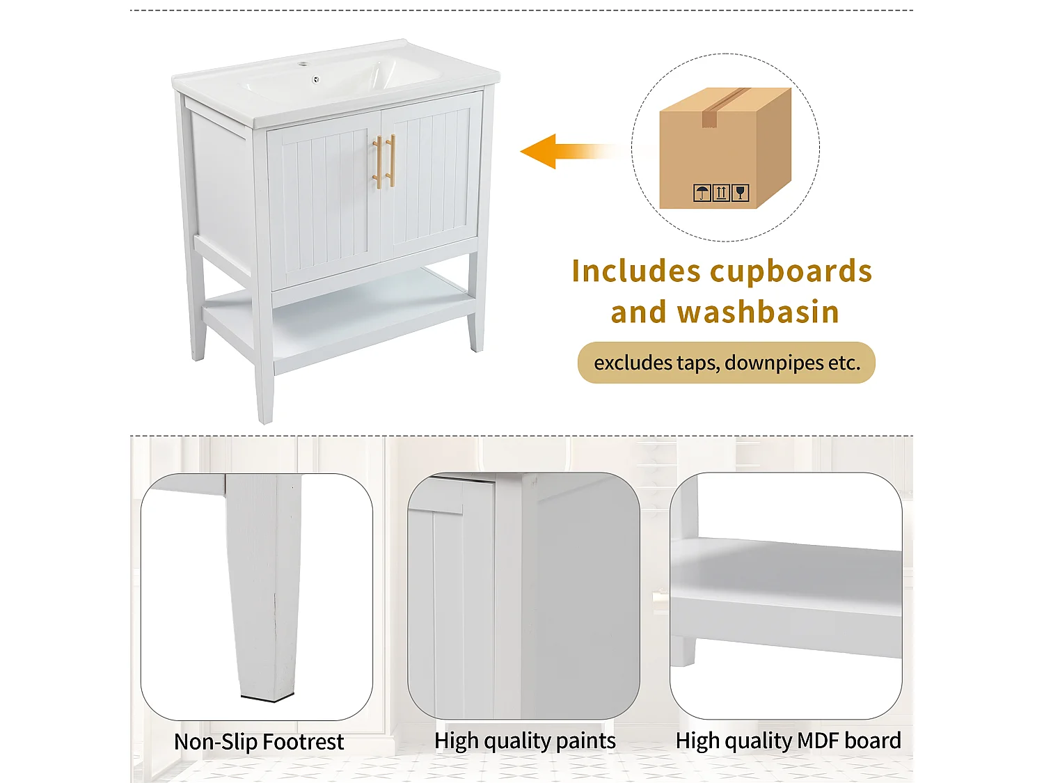 Meuble de salle de bain - 80 x 47 x 90 cm - avec 1 porte + étagères + vasque en céramique intégrée - Céramique + MDF - blanc