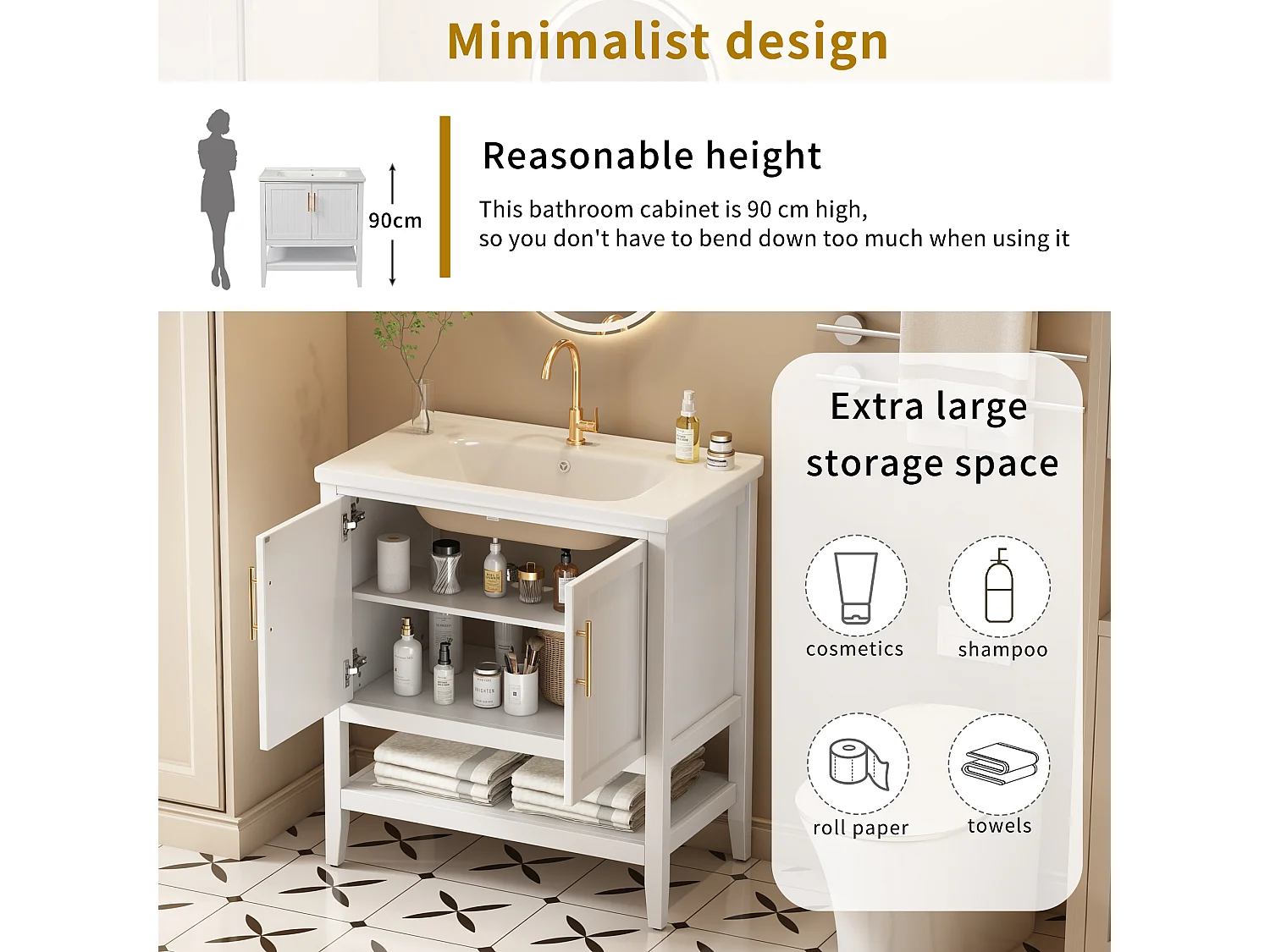 Meuble de salle de bain - 80 x 47 x 90 cm - avec 1 porte + étagères + vasque en céramique intégrée - Céramique + MDF - blanc