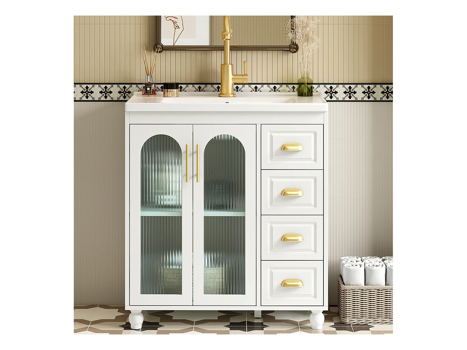 Meuble de salle simple vasque - 80 x 47 x 90 cm - vasque en céramique + 3 tiroirs + 2 portes - MDF - blanc