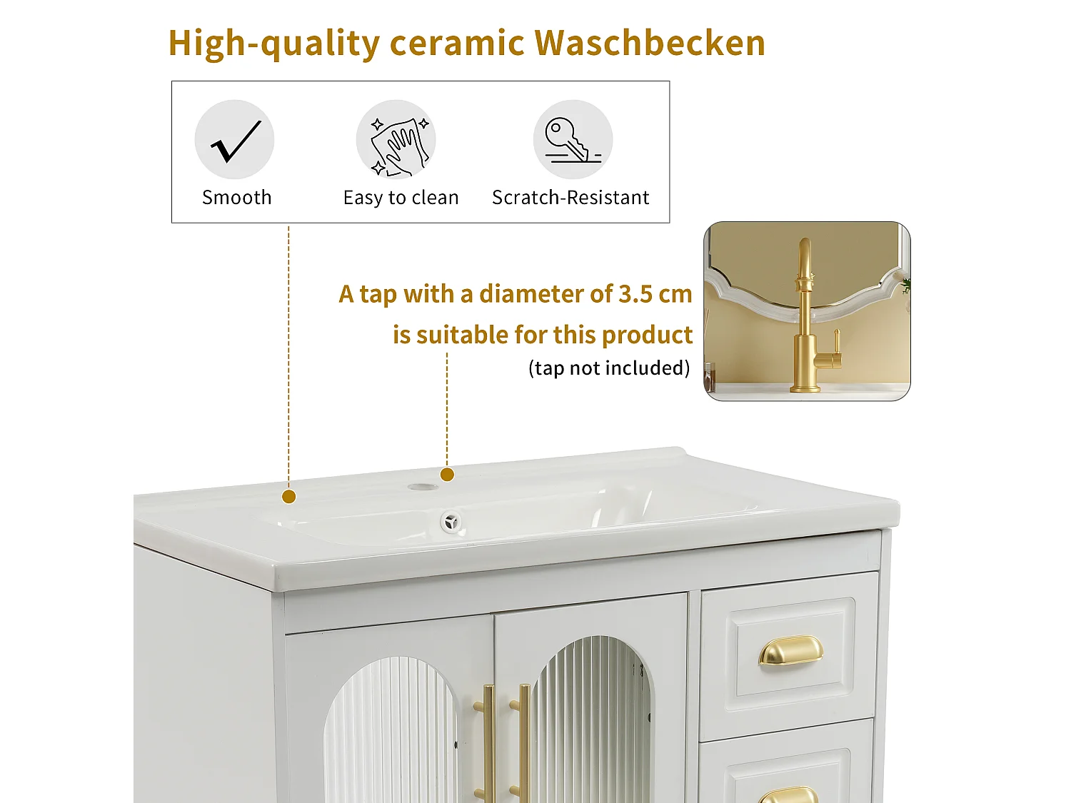 Mobiletto da bagno con lavabo singolo - 80 x 47 x 90 cm - lavabo in ceramica + 3 cassetti + 2 ante - MDF - bianco