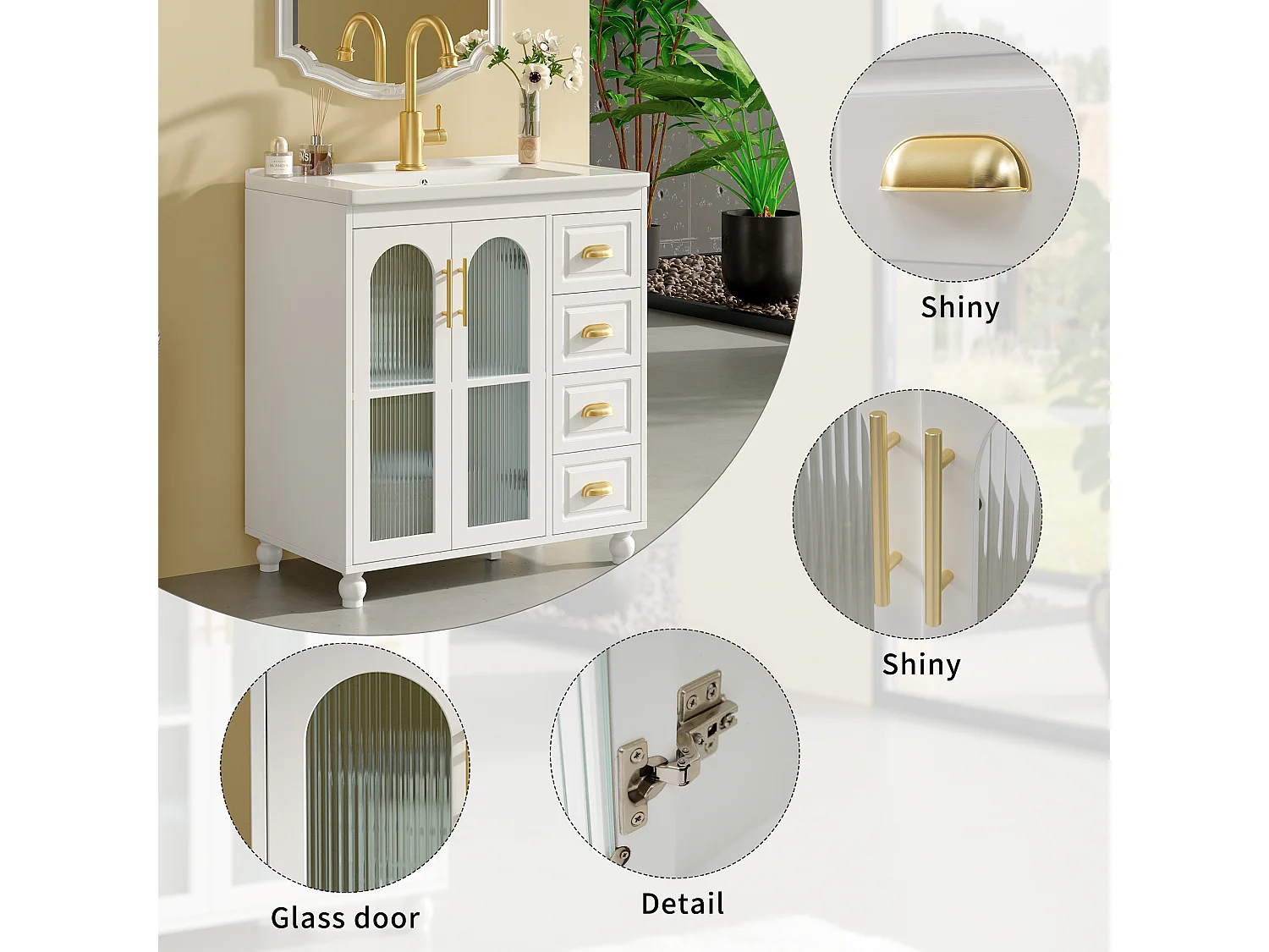 Mobiletto da bagno con lavabo singolo - 80 x 47 x 90 cm - lavabo in ceramica + 3 cassetti + 2 ante - MDF - bianco