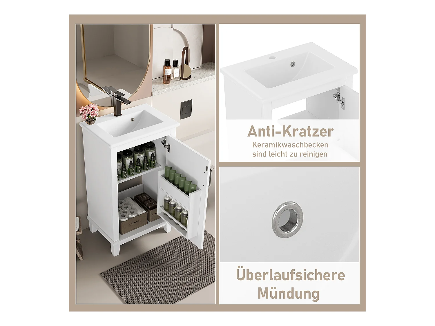 Mobile bagno - 48 x 33 x 83 cm - con 1 anta + ripiani + lavabo integrato in ceramica - Ceramica + MDF - Bianco