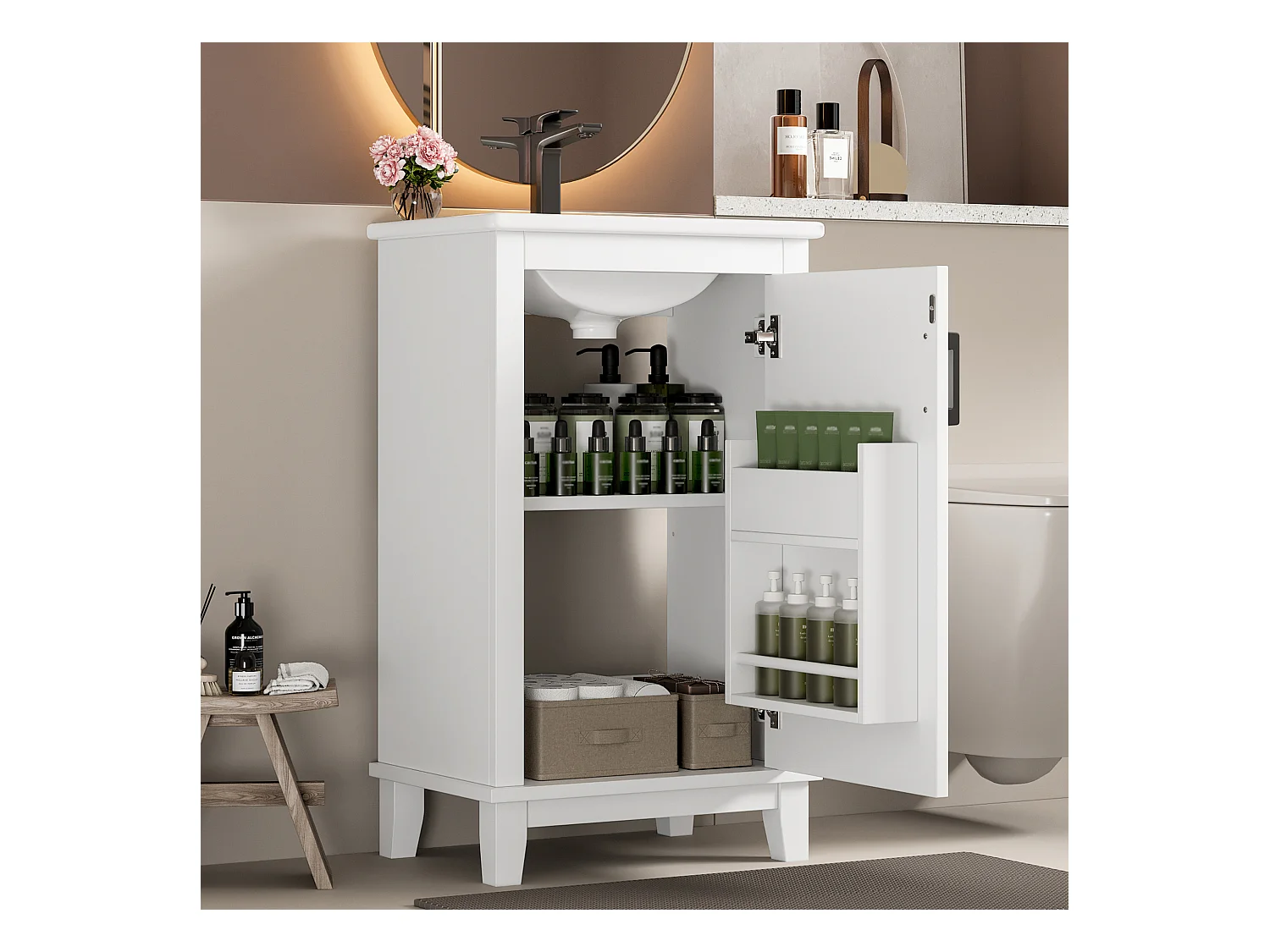 Meuble de salle de bain - 48 x 33 x 83 cm - avec 1 porte + étagères + vasque en céramique intégrée - Céramique + MDF - blanc