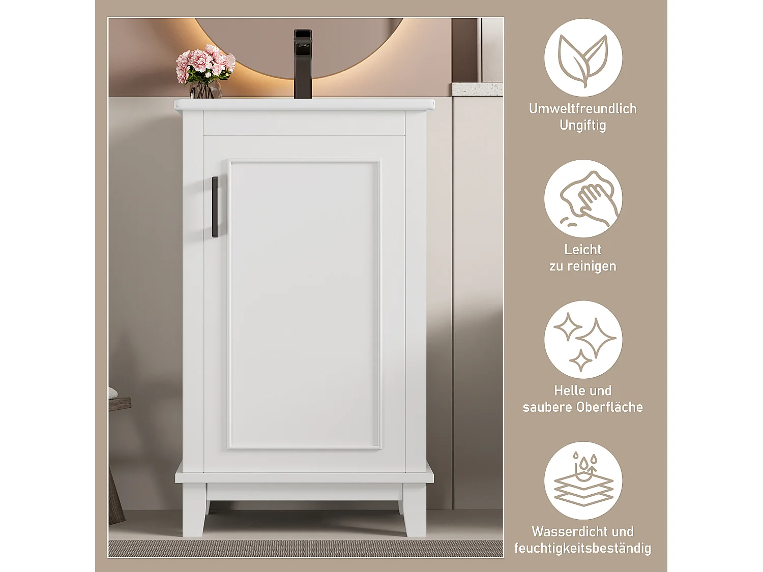 Meuble de salle de bain - 48 x 33 x 83 cm - avec 1 porte + étagères + vasque en céramique intégrée - Céramique + MDF - blanc