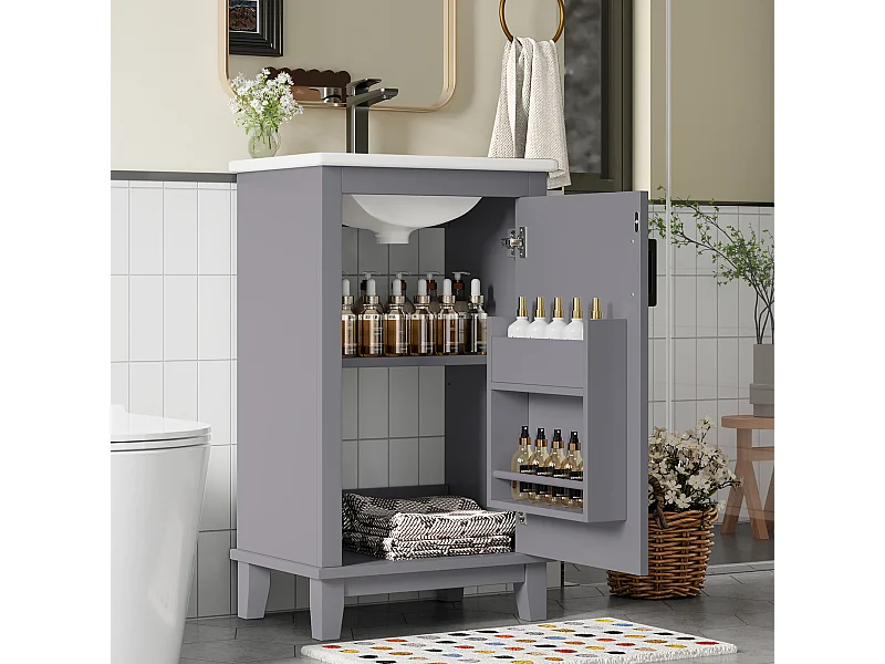 Badkamermeubel - 48 x 33 x 83 cm - met 1 deur + planken + geïntegreerde keramische wastafel - Keramiek + MDF - Grijs