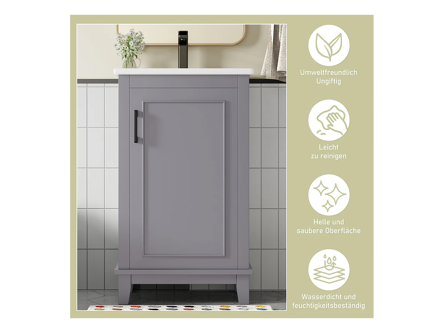 Mobile bagno - 48 x 33 x 83 cm - con 1 anta + ripiani + lavabo integrato in ceramica - Ceramica + MDF - Grigio