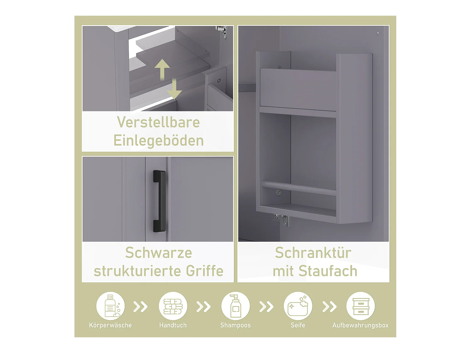 Mobile bagno - 48 x 33 x 83 cm - con 1 anta + ripiani + lavabo integrato in ceramica - Ceramica + MDF - Grigio