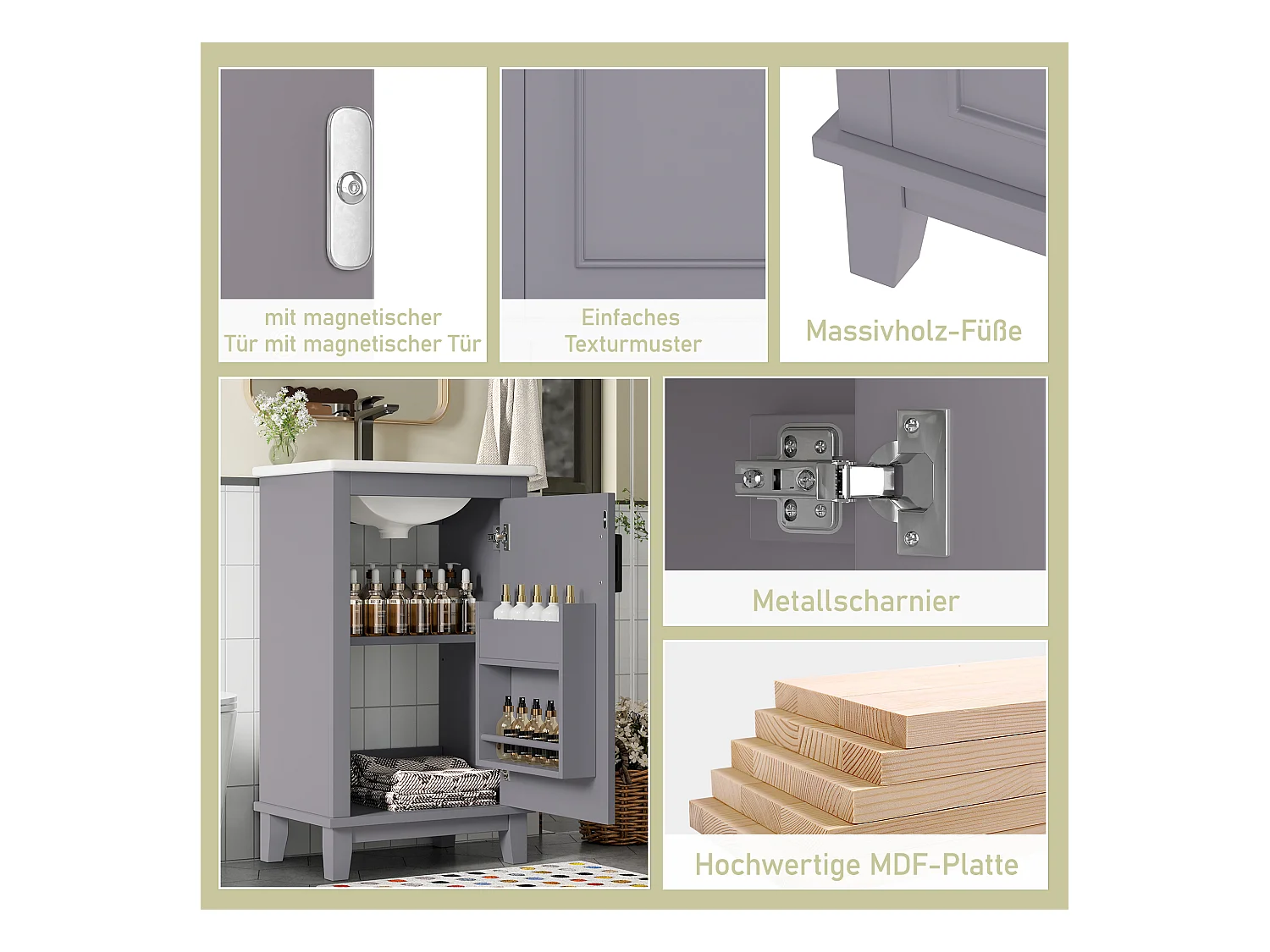 Mobile bagno - 48 x 33 x 83 cm - con 1 anta + ripiani + lavabo integrato in ceramica - Ceramica + MDF - Grigio