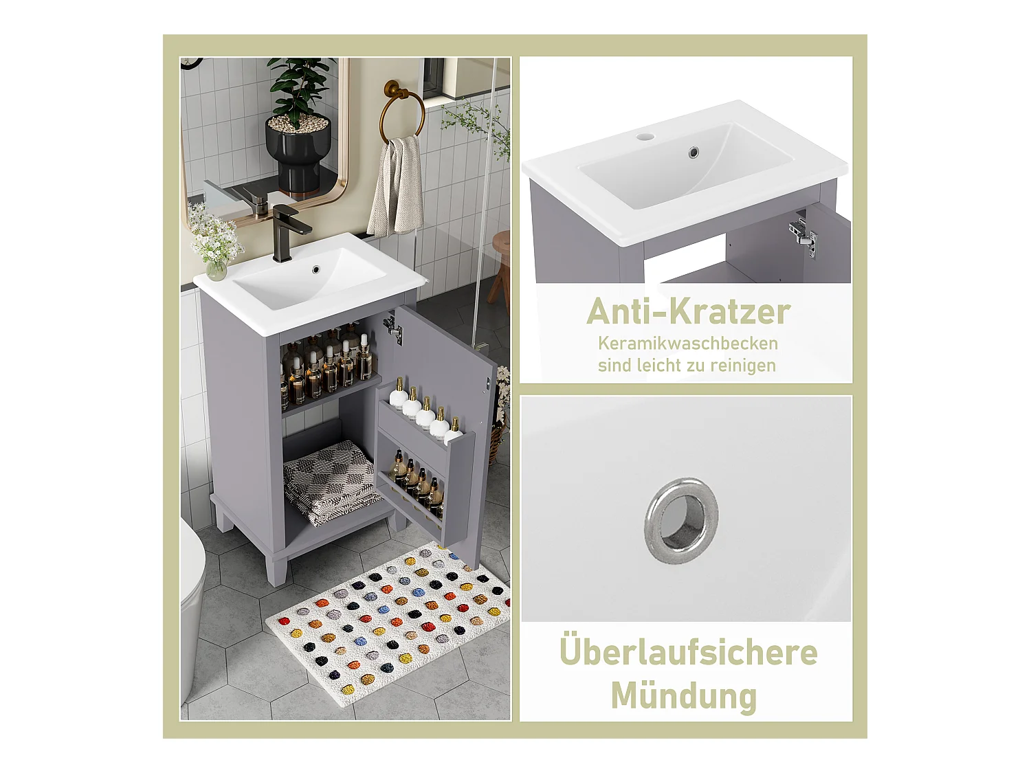 Mobile bagno - 48 x 33 x 83 cm - con 1 anta + ripiani + lavabo integrato in ceramica - Ceramica + MDF - Grigio