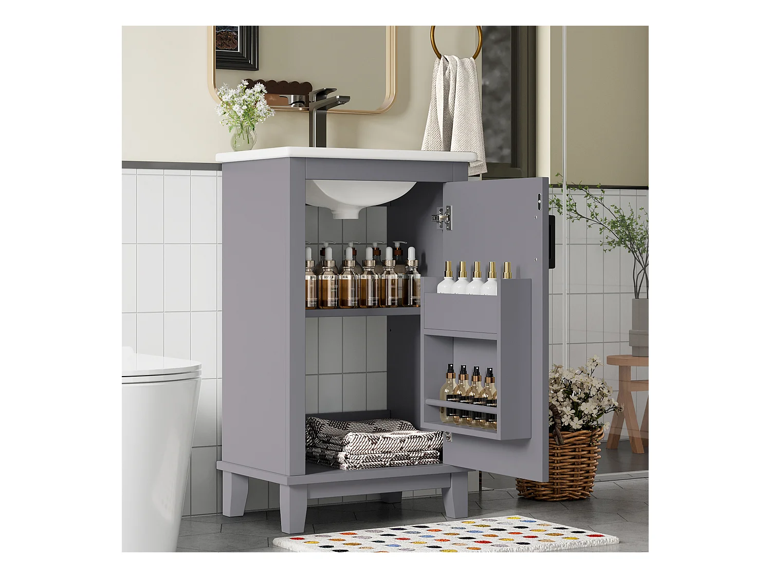 Meuble de salle de bain - 48 x 33 x 83 cm - avec 1 porte + étagères + vasque en céramique intégrée - Céramique + MDF - gris