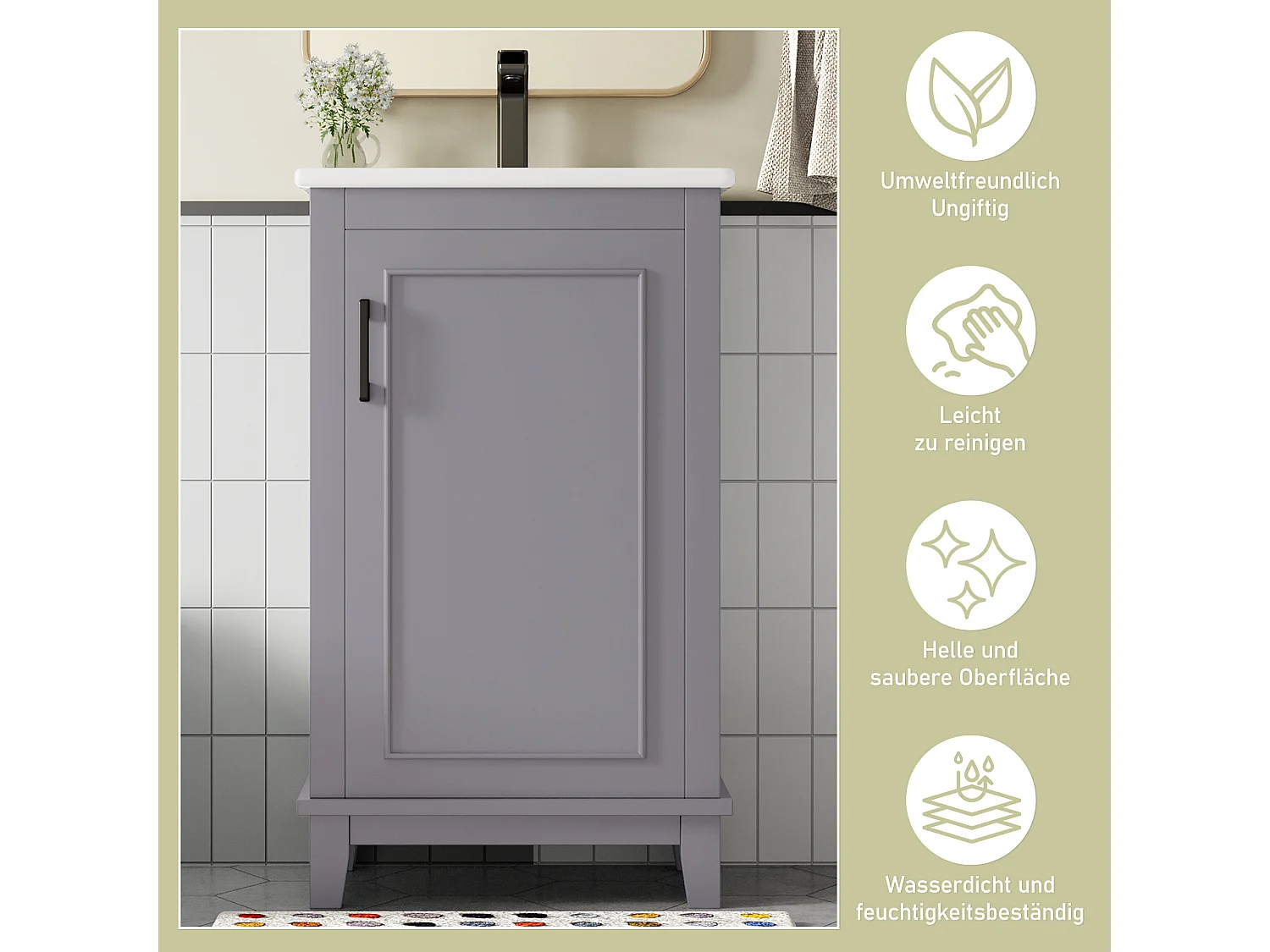 Meuble de salle de bain - 48 x 33 x 83 cm - avec 1 porte + étagères + vasque en céramique intégrée - Céramique + MDF - gris