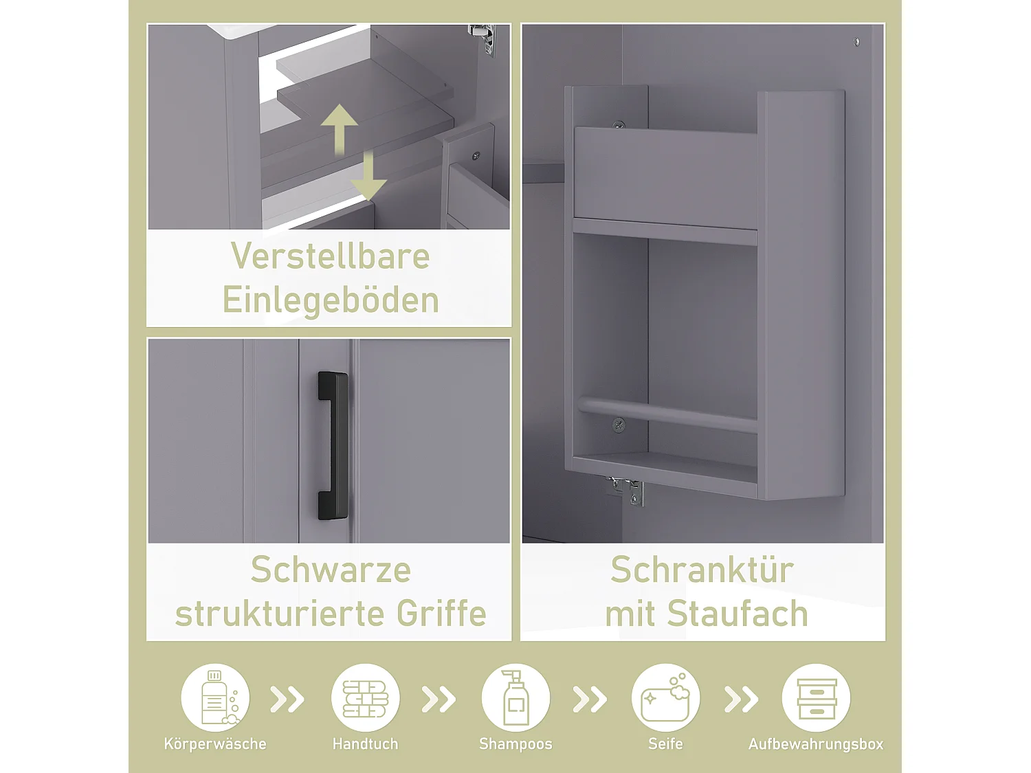 Meuble de salle de bain - 48 x 33 x 83 cm - avec 1 porte + étagères + vasque en céramique intégrée - Céramique + MDF - gris