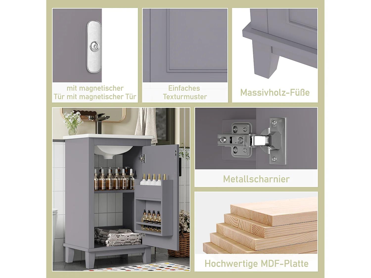 Meuble de salle de bain - 48 x 33 x 83 cm - avec 1 porte + étagères + vasque en céramique intégrée - Céramique + MDF - gris