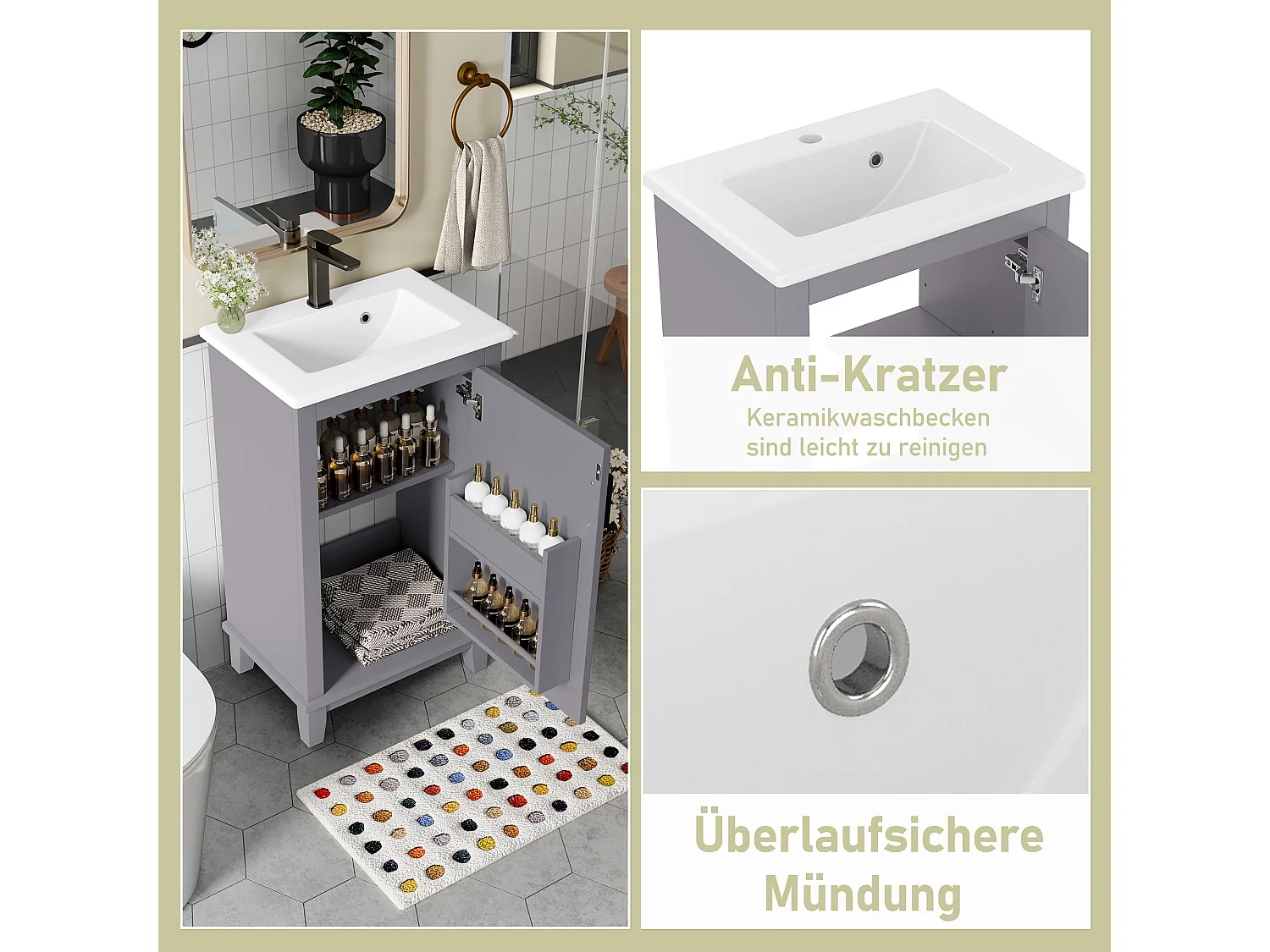 Meuble de salle de bain - 48 x 33 x 83 cm - avec 1 porte + étagères + vasque en céramique intégrée - Céramique + MDF - gris