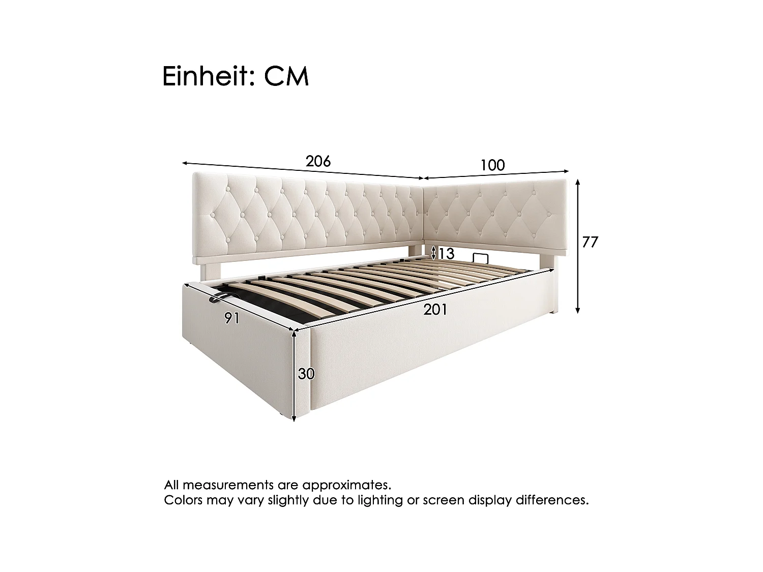 Kinderbedbank gestoffeerd - 90 x 200 cm - met hydraulische opbergruimte - fluweel - beige