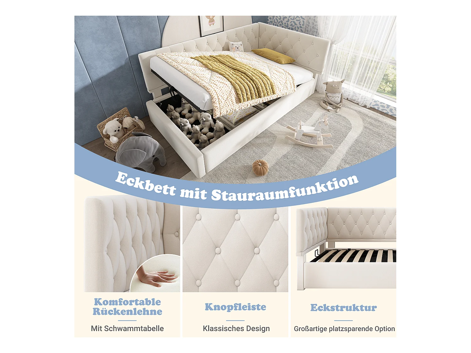 Kinderbedbank gestoffeerd - 90 x 200 cm - met hydraulische opbergruimte - fluweel - beige