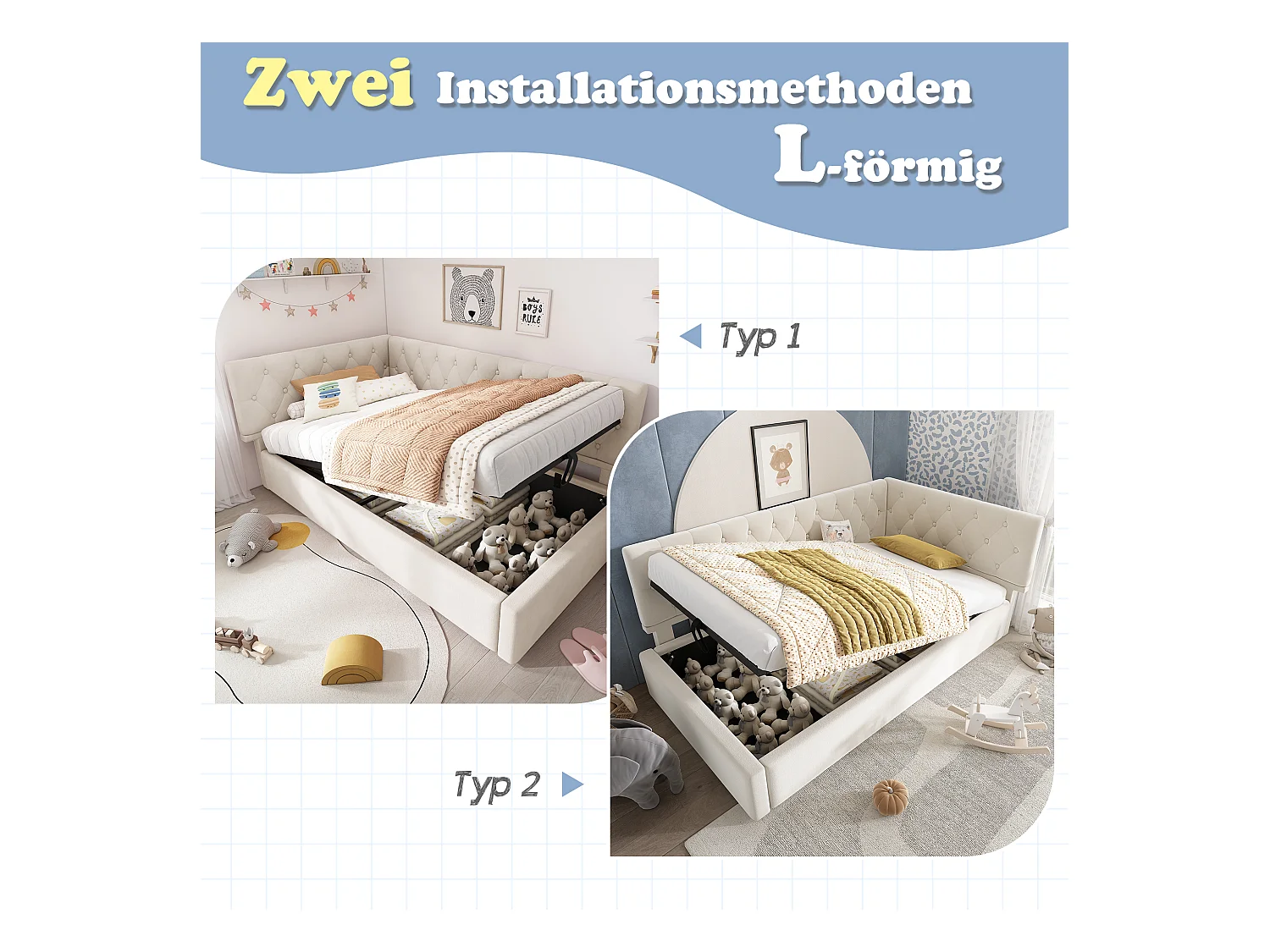 Kinderbedbank gestoffeerd - 90 x 200 cm - met hydraulische opbergruimte - fluweel - beige