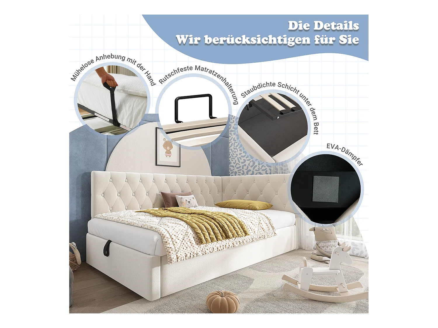 Kinderbedbank gestoffeerd - 90 x 200 cm - met hydraulische opbergruimte - fluweel - beige