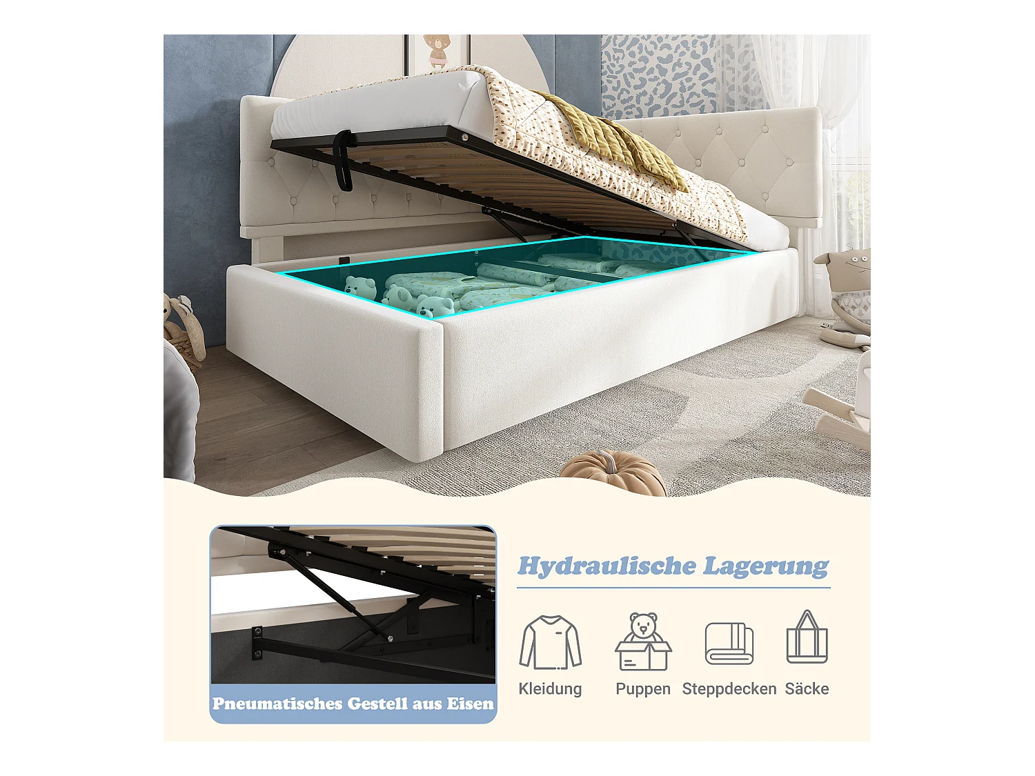 Kinderbedbank gestoffeerd - 90 x 200 cm - met hydraulische opbergruimte - fluweel - beige