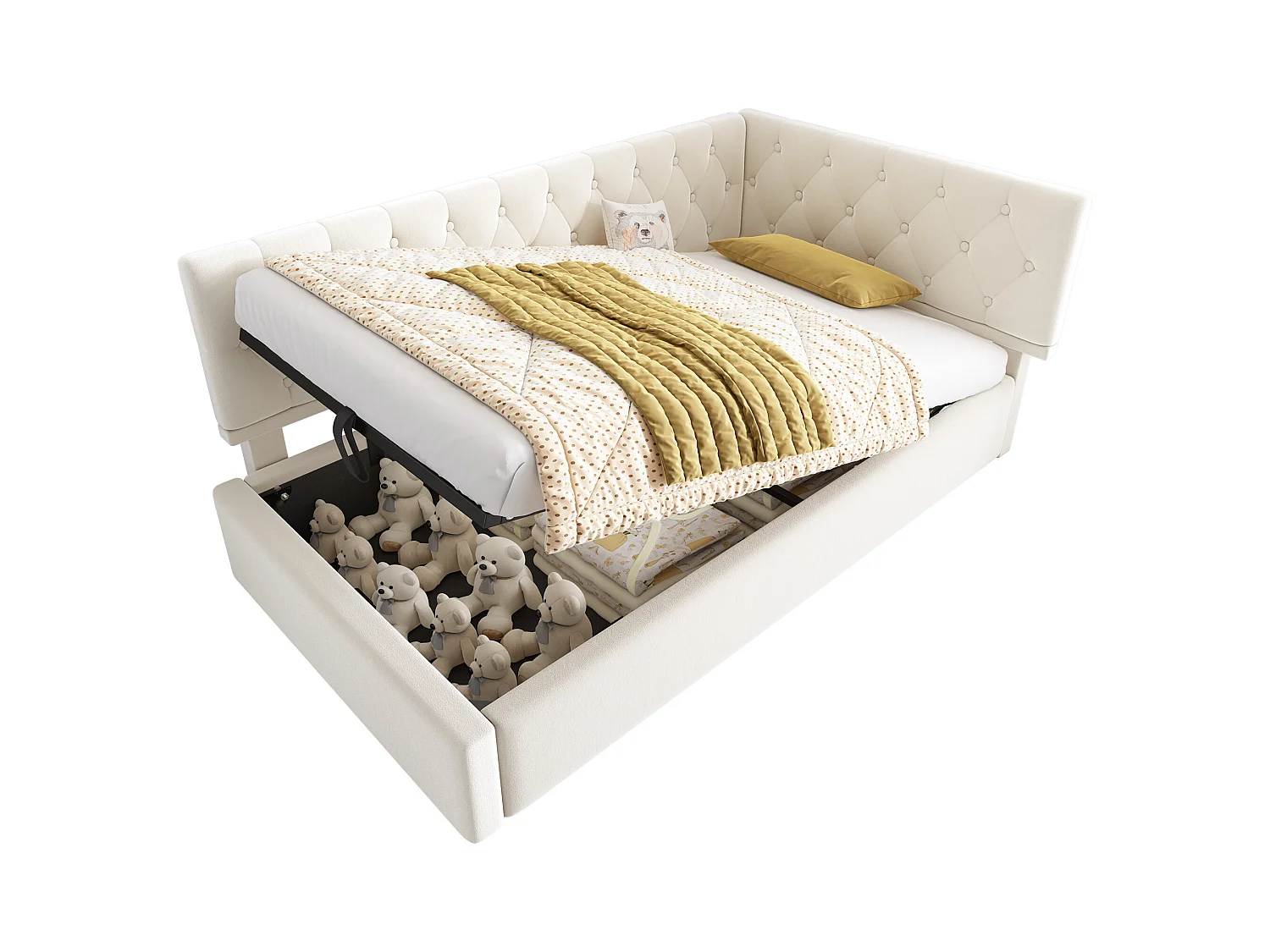 Kinderbedbank gestoffeerd - 90 x 200 cm - met hydraulische opbergruimte - fluweel - beige