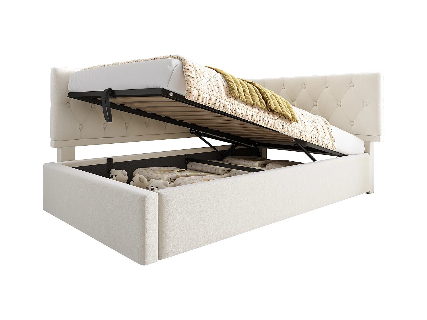 Kinderbedbank gestoffeerd - 90 x 200 cm - met hydraulische opbergruimte - fluweel - beige