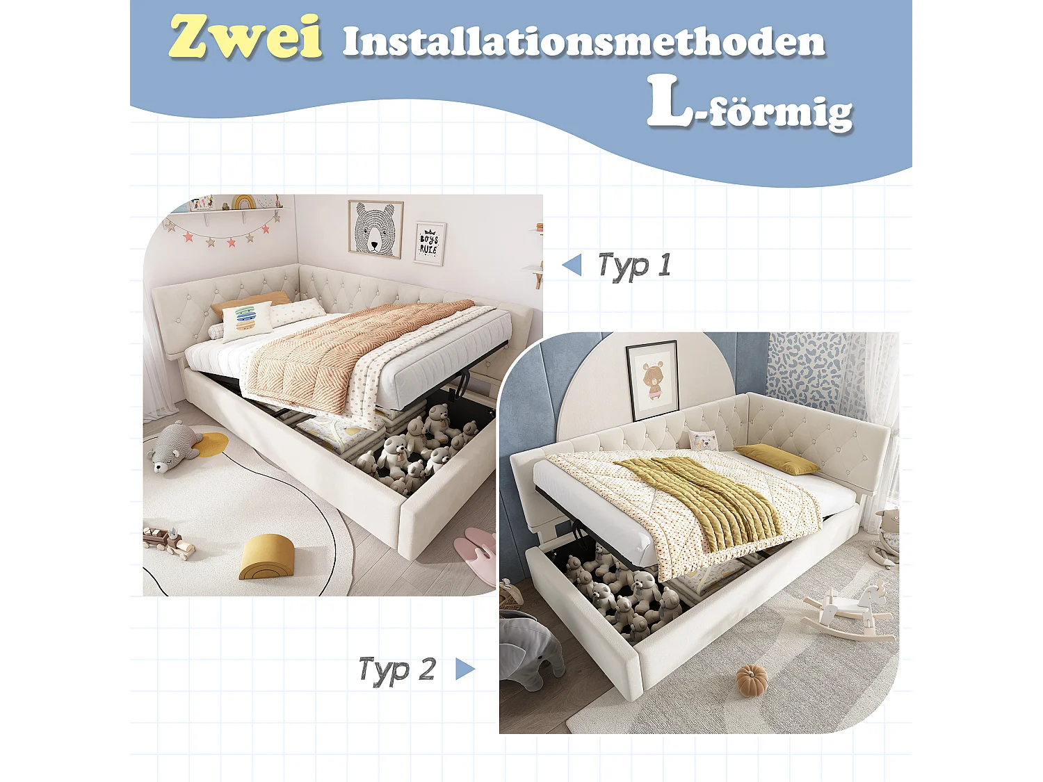 Canapé-lit rembourré pour enfant - 90 x 200 cm - avec rangement hydraulique - velours - beige